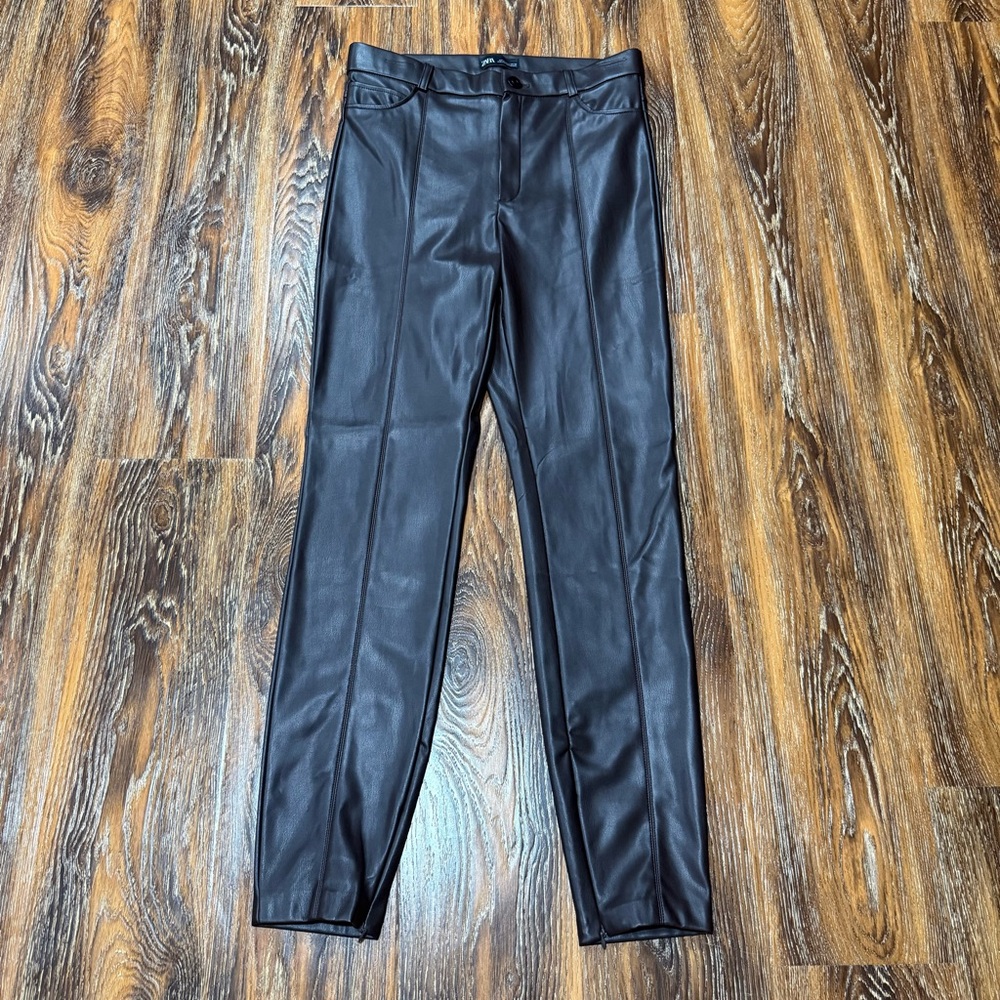 ZARA Brown Faux Leather Pants Size L Women's Zip Ankle 30X28 High Rise